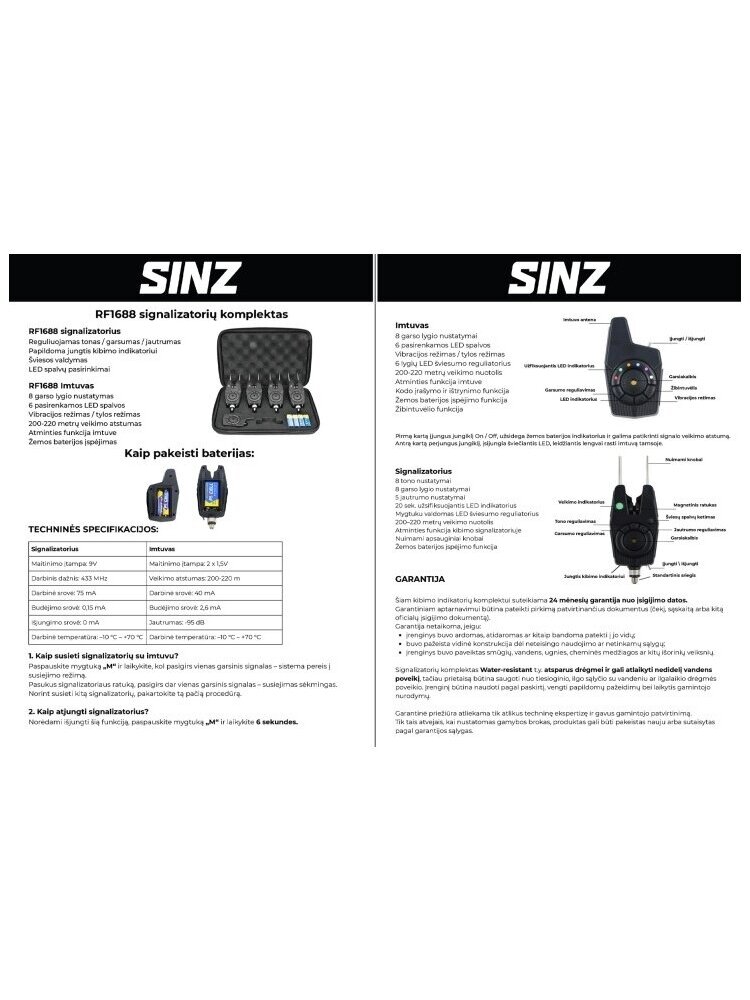 Signalizatorių komplektas SINZ RF1688 3+1 6 Signalizatorių komplektas SINZ RF1688 3+1 6